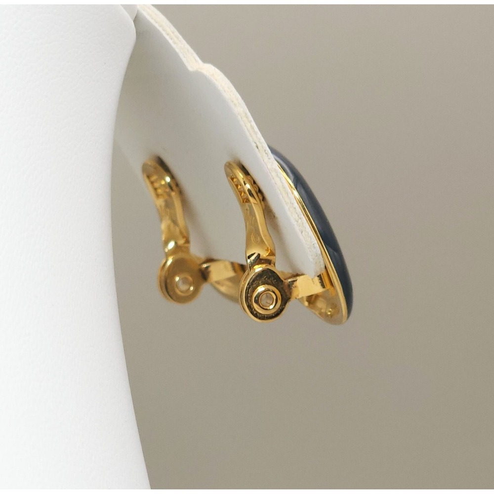 Monet Vintage Black Enamel & Gold Stripe Square‎  Button Clip On Earrings 7/8 In - Picture 9 of 11